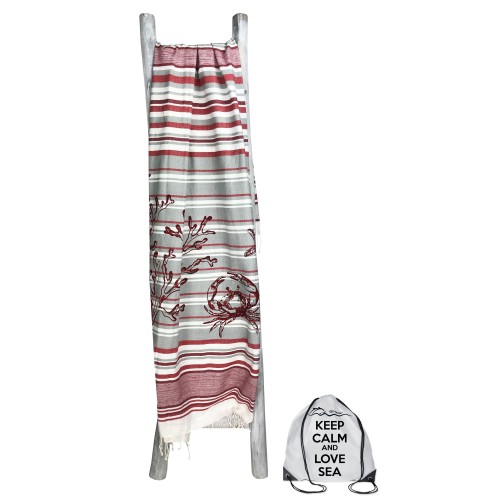 STRANDTUCH FOUTA KRABBE Rot Größe LARGE mit Rucksack Strand KEEP CALM CM.100X200