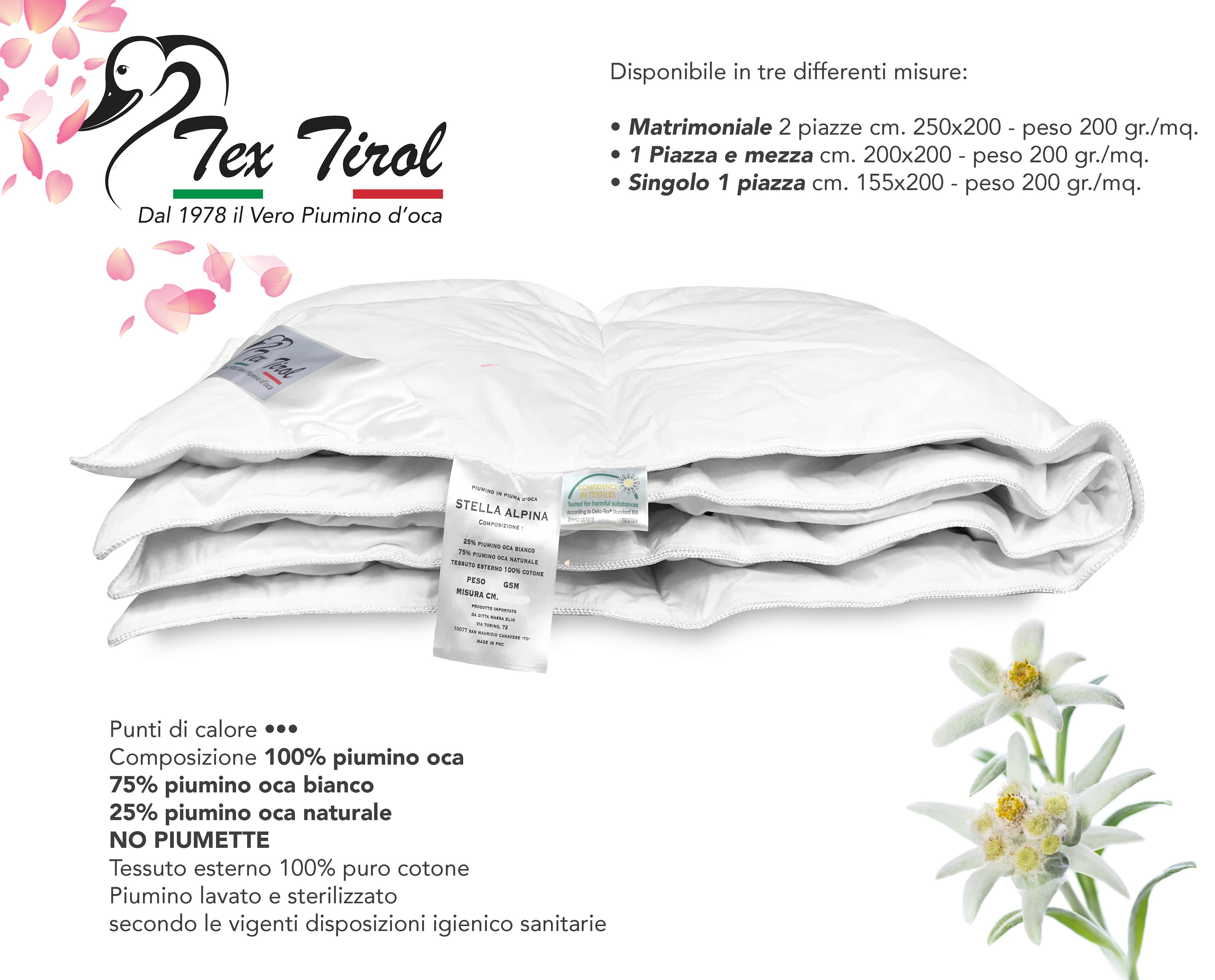 1 Piazza E Mezza CM 200X200 Piumino Oca Tex Tirol © Stella Alpina 4 Stagioni 100% Piumino Oca Tutte Le Misure 