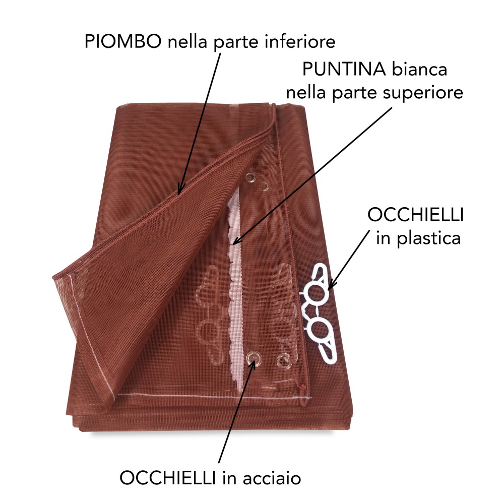 Tenda Zanzariera Marrone Unito - Rete Marquisette Fitta 100% Poliestere - Occhielli Acciaio, Pronta all'Uso, Made in Italy
