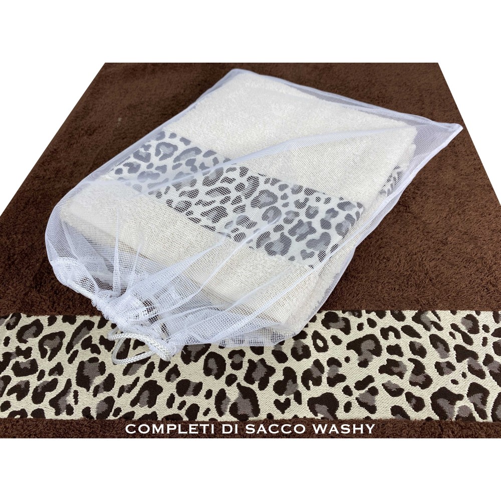 SET ASCIUGAMANI spugna JACQUARD 1+1 VISO e ospite MACULATO marrone SACCO WASHY