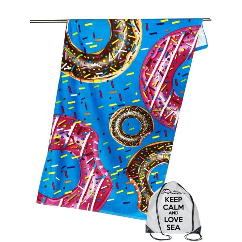 FOTO FROTTEE HANDTUCH GROSS CM.80x160 DONUTS BLAU und KEEP CALM und LOVE SEA Sack