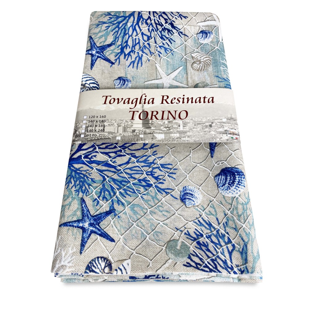 STAIN-RESISTANT TABLECLOTH RESIN-COATED TORINO SEA SEA BLUE CORALS