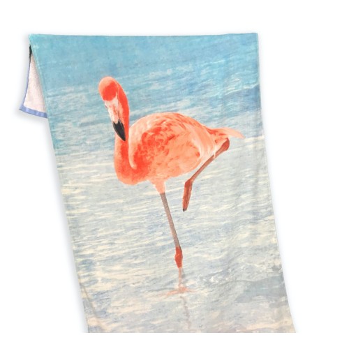 FOTOGRAFISCHES STRANDTUCH MIT SCHWAMM GROSS FORMAT CM.80x160 FLAMINGO AM MEER