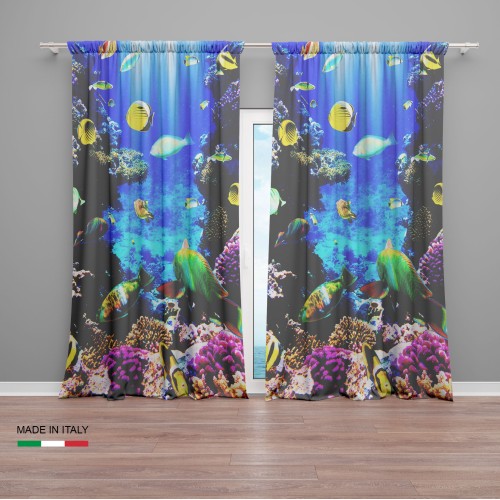 CARPA DE PECES y ARRECIFE DE CORAL cm.160X300 hecho MADE en mezcla de lino ITALIA