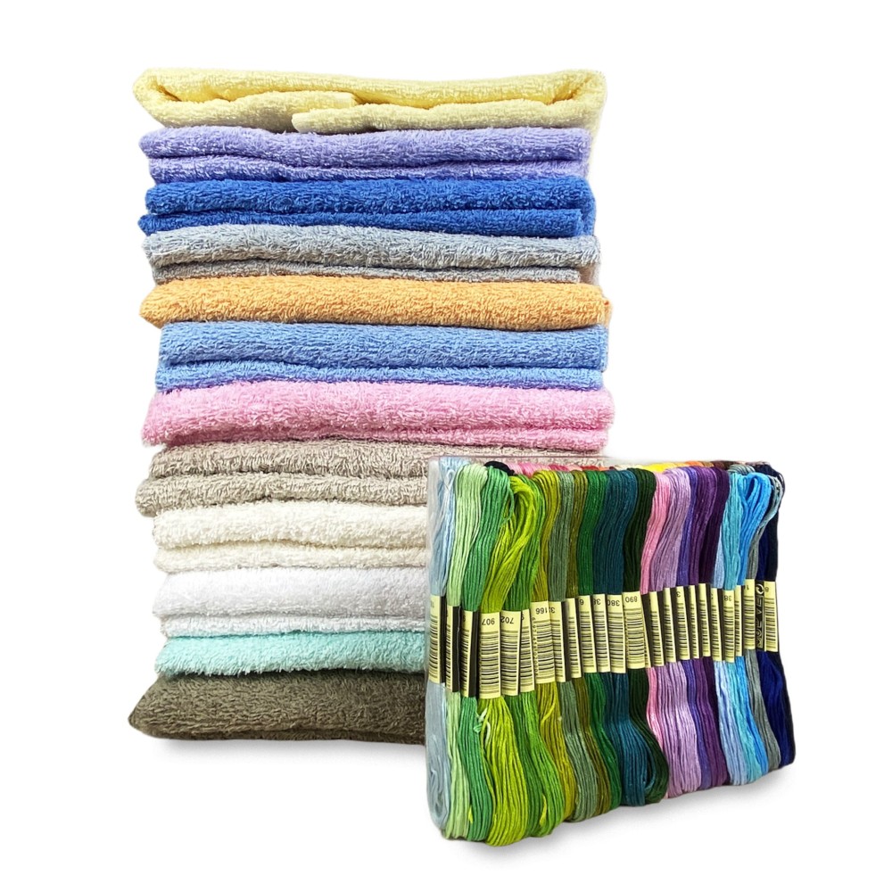 LOT DE 1 SERVIETTE DE TOILETTE + 1 SERVIETTE INVITÉ EN ÉPONGE ET TOILE AÏDA À BRODER AU POINT DE CROIX AVEC FIL OFFERT