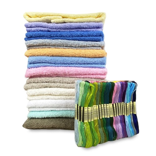 LOT DE 1 SERVIETTE DE TOILETTE + 1 SERVIETTE INVITÉ EN ÉPONGE ET TOILE AÏDA À BRODER AU POINT DE CROIX AVEC FIL OFFERT