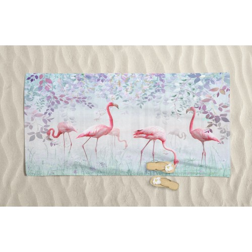 SERVIETTE DE PLAGE DANS LES FLAMANTS ROSES PEINTS À L’ÉPONGE mesure grand cm. 90 X 170