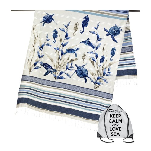 TURTLE FOUTA STRANDTUCH Größe LARGE mit Strandrucksack KEEP CALM CM.100X200