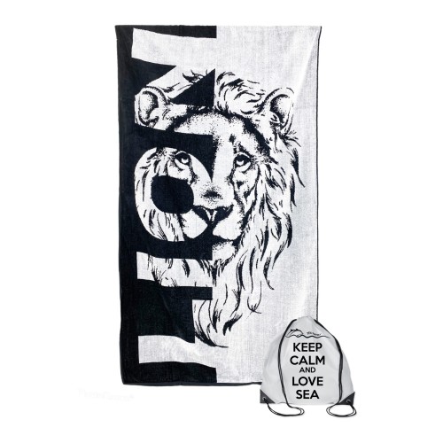 TELO MARE en éponge pure coton LION mesure grand cm. 90 X 170 et sac à dos plage