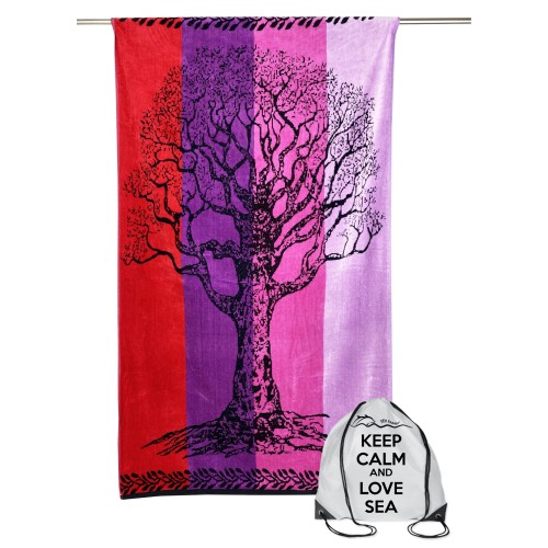 STRANDTUCH aus reinem Baumwollfrottee TREE OF LIFE RED und PURPLE Größe Large cm. 90 X 170 und Strandrucksack