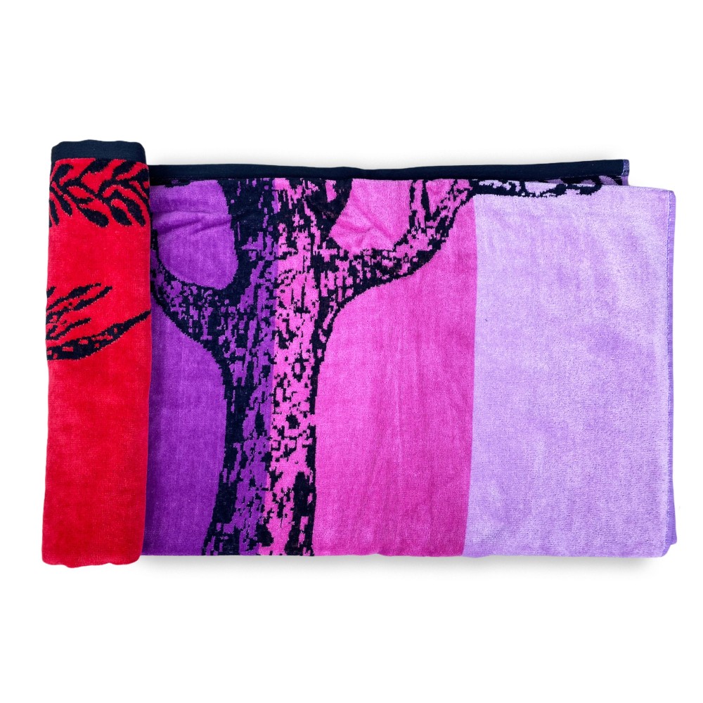BEACH TOWEL in pure cotton terry TREE OF LIFE RED and PURPLE size large cm. 90 X 170 and beach backpack