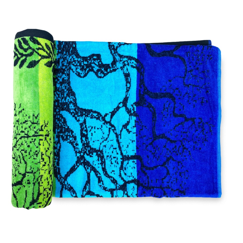 BEACH TOWEL in pure cotton terry TREE OF LIFE BLUE and GREEN size large cm. 90 X 170 and beach backpack