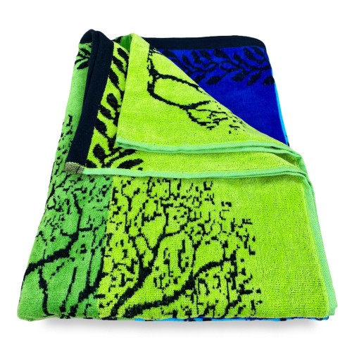 STRANDTUCH aus reinem Baumwollfrottee TREE OF LIFE BLUE und GREEN Größe Large cm. 90 X 170 und Strandrucksack