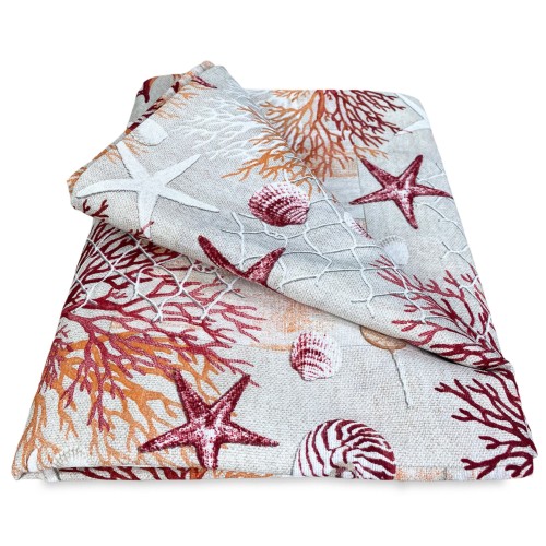 TELO ARREDO copritutto GRAN FOULARD COPRILETTO copridivano TESSUTO LONETA mare MARINO coralli ROSSO