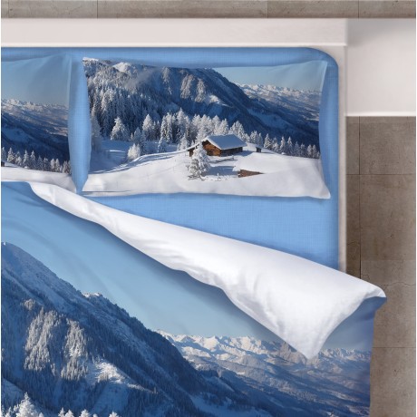 housse de couette avec cabane et neige