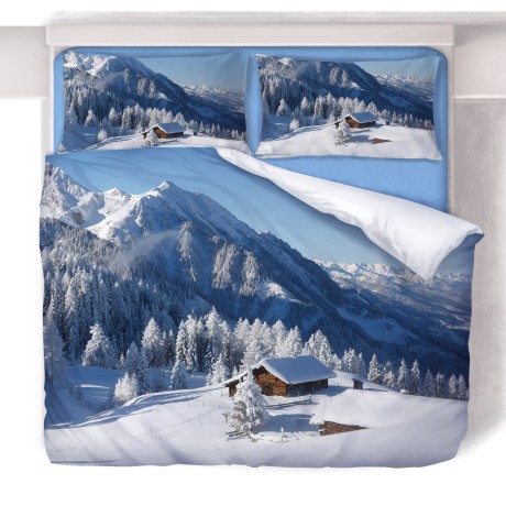 housse de couette avec cabane et neige