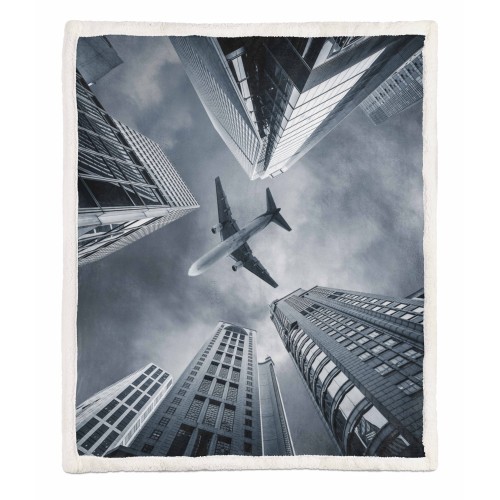PLAID BLANKET IN PILE SHERPA fantasy HD AIRPLANE gratte-ciel