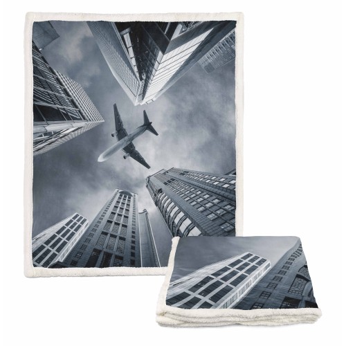 PLAID BLANKET IN PILE SHERPA fantasy HD AIRPLANE gratte-ciel