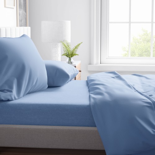 SHEET SET in soft microfiber SOLID BLUE 2-SQUARE double bed no iron