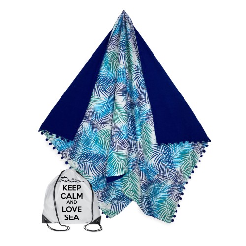 KIKOY Double Beach Towel Blue Leaves in COTTON and TERRY TOWEL with KEEP BACKPACK