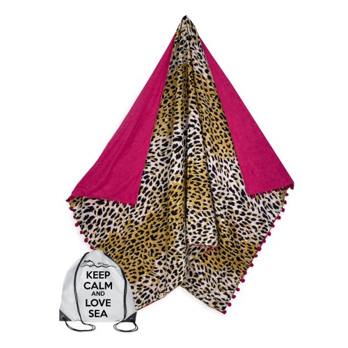 Toalla de playa doble KIKOY Leopardo en ALGODÓN y TOALLA DE RIZO con MOCHILA KEEP