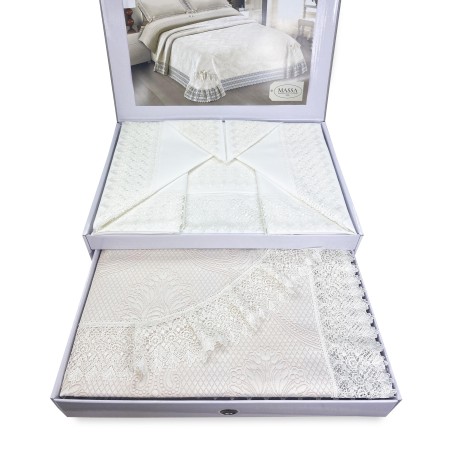 top case, drap et couvre-lit assortis, fini avec des garnitures en macramé