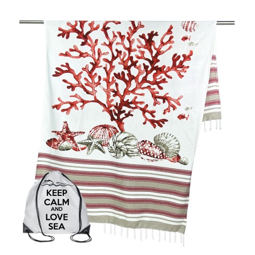 RED CORAL FOUTA STRANDTUCH Größe LARGE mit Strandrucksack KEEP CALM CM.100X200