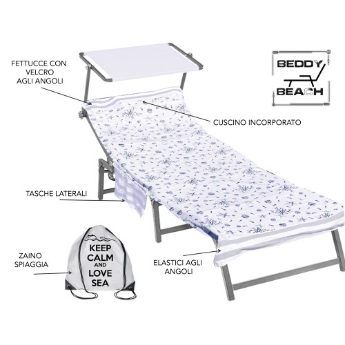 FOUTA BEACH TOWEL beige cotton fish bed BEDDY BEACH © WITH POCKETS size cm. 75 X 195 and BEACH backpack