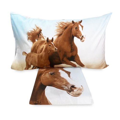 DIGITAL PRINTED BEDSPREAD SHEET SET RACING HORSES with KEEP DOUBLE 2 square bag