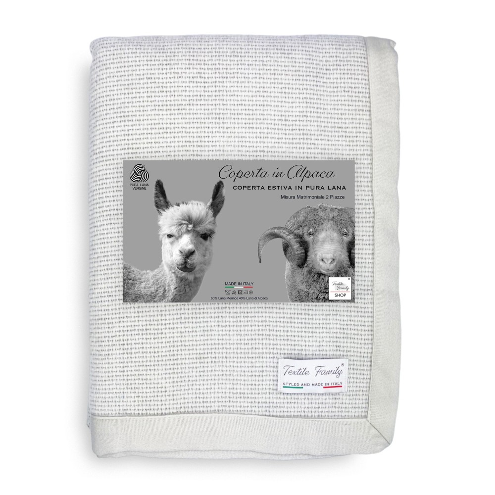 COUVERTURE D’ÉTÉ LÉGÈRE EN LAINE MÉRINOS FINE ET DOUBLE ALPAGA 2 CARRÉS