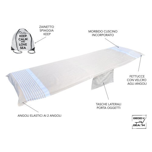 FOUTA STRANDTUCH BEIGE ALVIN BAUMWOLLE BEDDY BEACH © MIT TASCHEN GRÖSSE CM. 75 X 195 und BEACH Rucksack