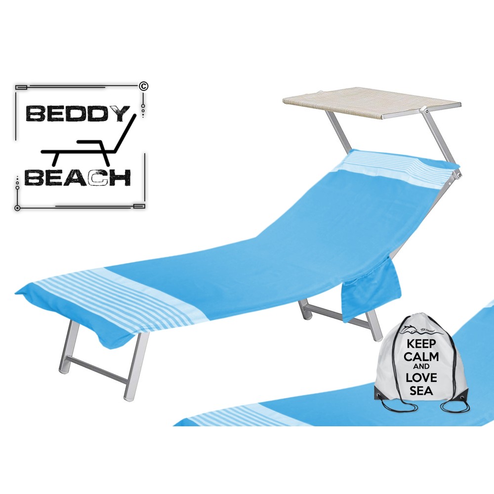 TELO MARE fouta LETTINO ALVIN BLUETTE in cotone BEDDY BEACH © CON TASCHE MISURA CM. 75 X 195 e zaino SPIAGGIA