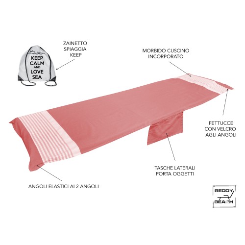 TELO MARE fouta LETTINO ALVIN ROSSO in cotone BEDDY BEACH © CON TASCHE MISURA CM. 75 X 195 e zaino SPIAGGIA