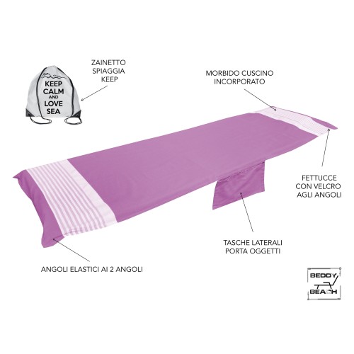 TELO MARE fouta LETTINO ALVIN FUCSIA in cotone BEDDY BEACH © CON TASCHE MISURA CM. 75 X 195 e zaino SPIAGGIA
