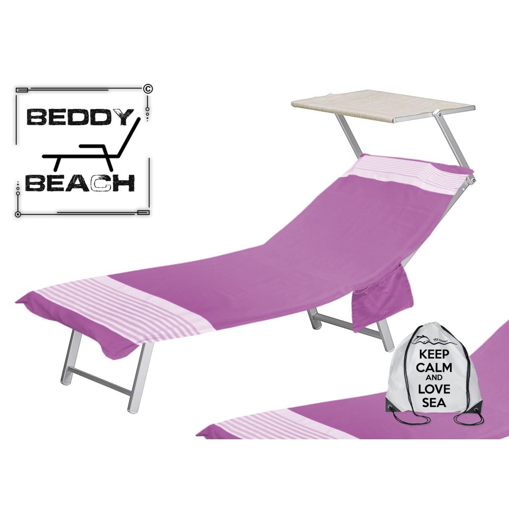 SERVIETTE DE PLAGE FOUTA LIT ALVIN FUCHSIA coton BEDDY BEACH © AVEC POCHES TAILLE CM. 75 X 195 et sac à dos de plage