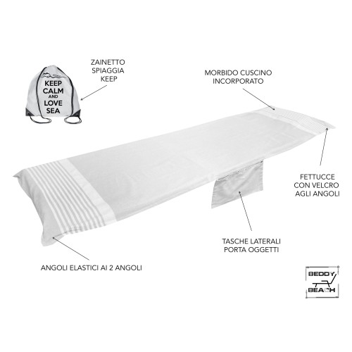 FOUTA ALVIN GRAUE BAUMWOLLE LIEGE BEDDY BEACH © MIT TASCHEN Größe cm. 75 X 195 und BEACH Rucksack