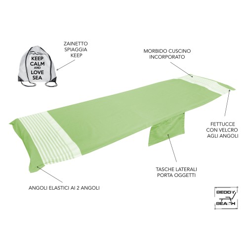 SERVIETTE DE PLAGE FOUTA LIT ALVIN ACID GREEN COTON BEDDY BEACH © AVEC POCHES TAILLE CM. 75 X 195 et sac à dos de plage
