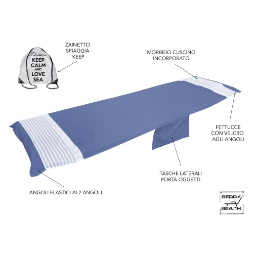 FOUTA ALVIN BLAUES BAUMWOLLBETT mit Taschen Größe © cm. 75 X 195 und BEACH Rucksack