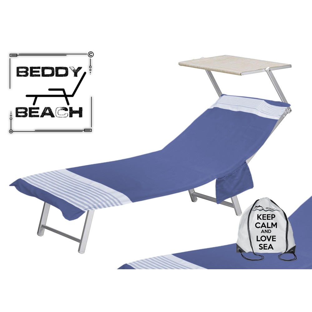 SERVIETTE DE PLAGE FOUTA ALVIN BLUE COTTON BEDDY BEACH © AVEC POCHES TAILLE CM. 75 X 195 et sac à dos de plage
