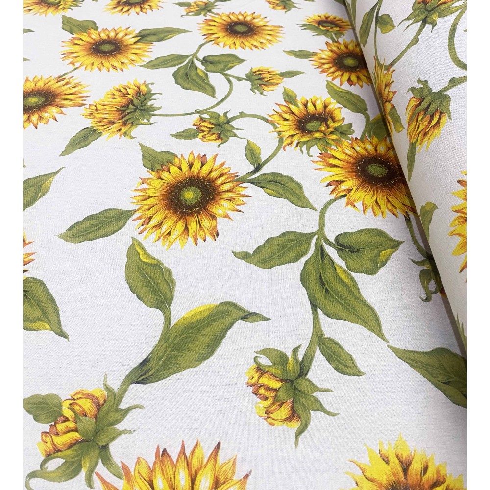 PRINTED SUN AWNING FABRIC with SUNFLOWERS and GREEN JOINED on one side from outdoor GARDEN balcony TO METER height cm. 300