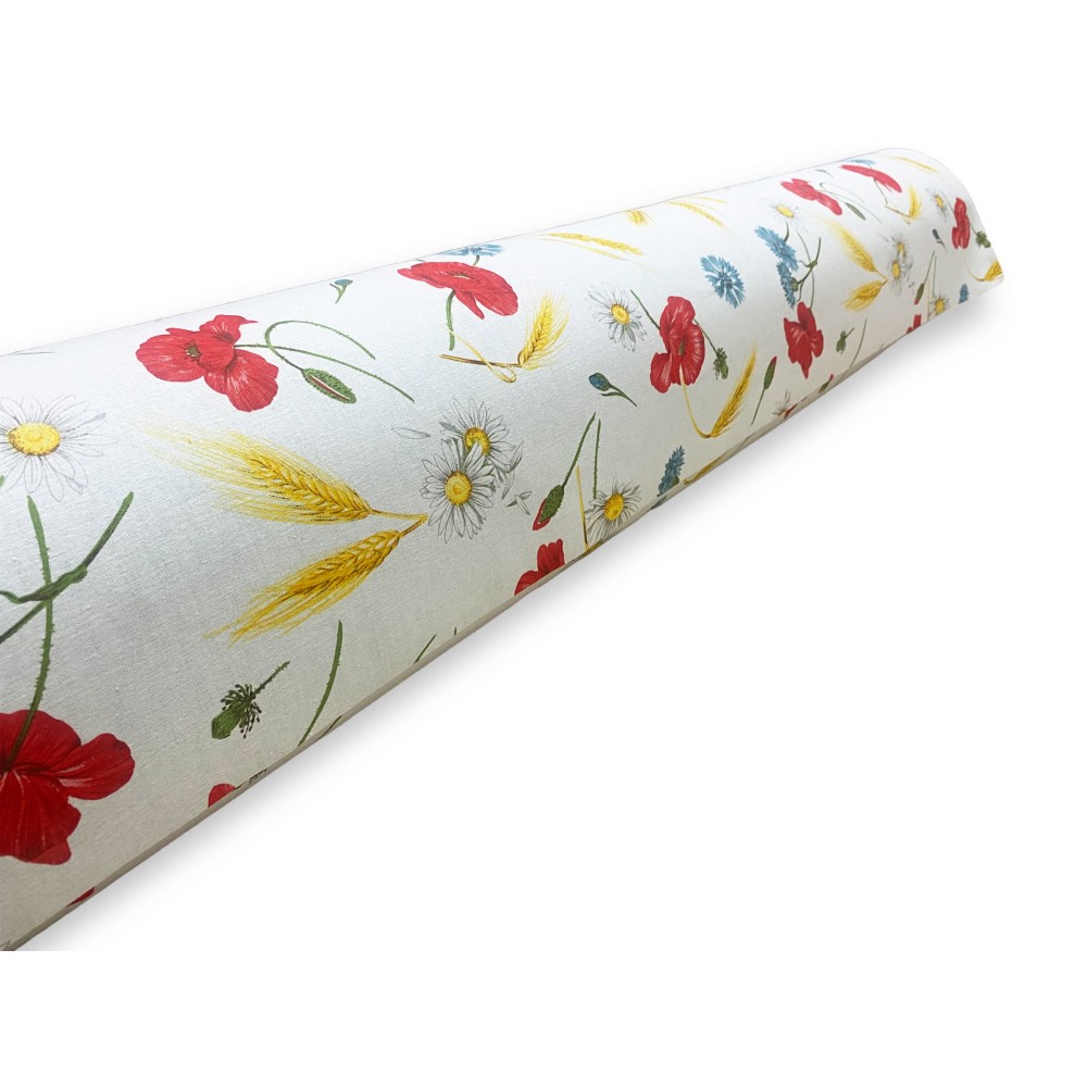 SUN AWNING FABRIC PRINTED with POPIES and GREEN JOINED on one side from outdoor GARDEN balcony TO METER height cm. 300