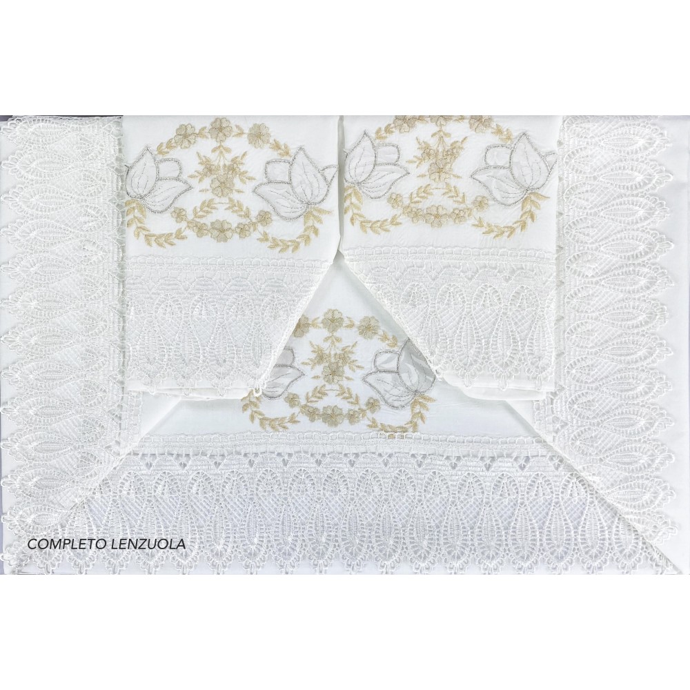 BAULETTO GRETA CON pizzo MACRAMÈ RICAMATO PANNA MATRIMONIALE lenzuolo E COPRILETTO IDEA SPOSA