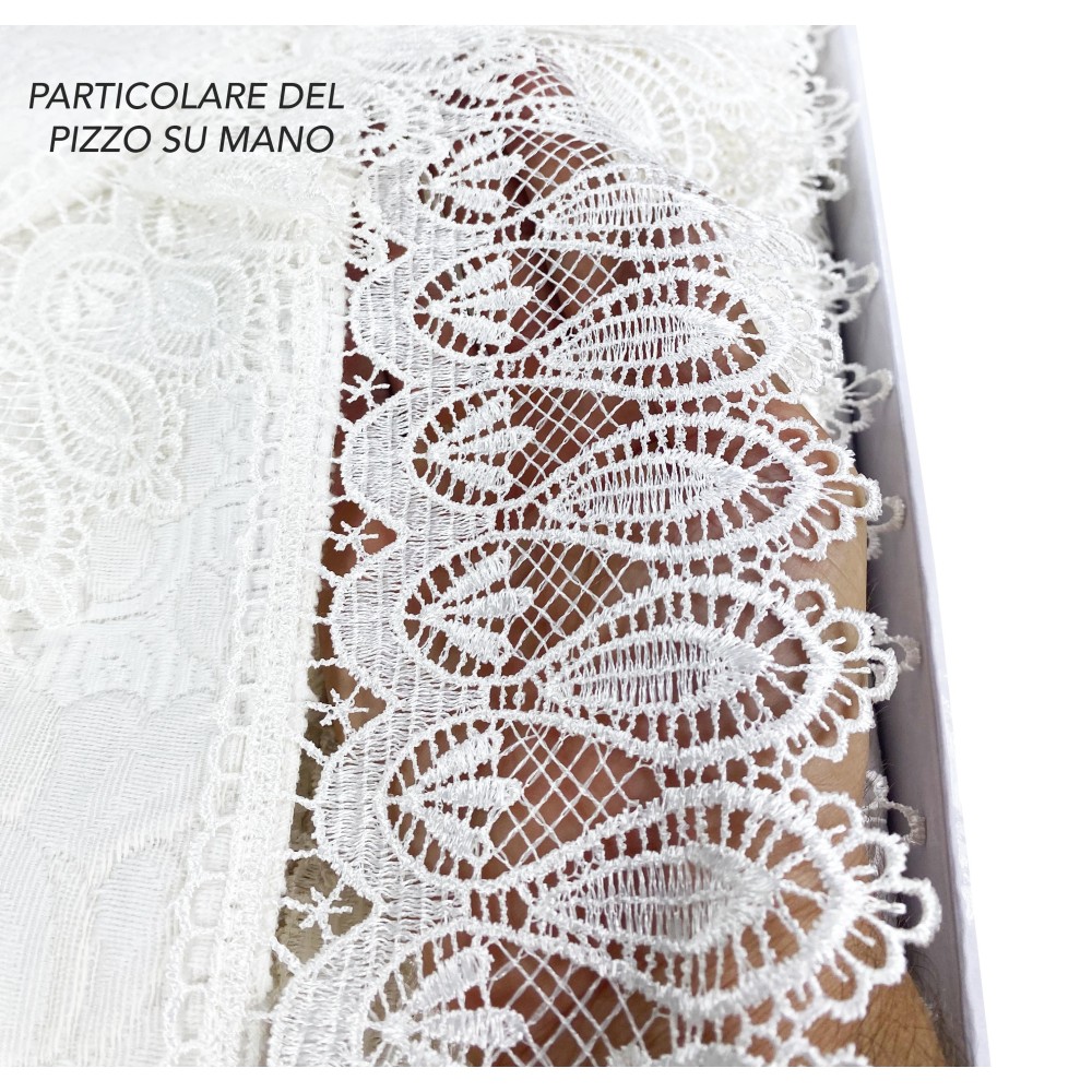 BAULETTO GRETA CON pizzo MACRAMÈ RICAMATO PANNA MATRIMONIALE lenzuolo E COPRILETTO IDEA SPOSA