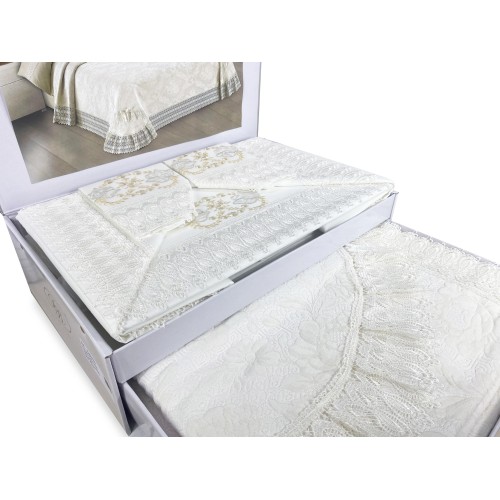 GRETA SATCHEL BOX WITH MACRAMÉ LACE EMBROIDERED CREAM DOUBLE BED SHEET AND BEDSPREAD BRIDAL IDEA