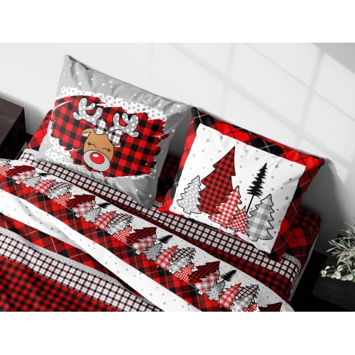 Funda nórdica de puro algodón con estampado de reno, motivo escocés rojo y negro, Made in Italy