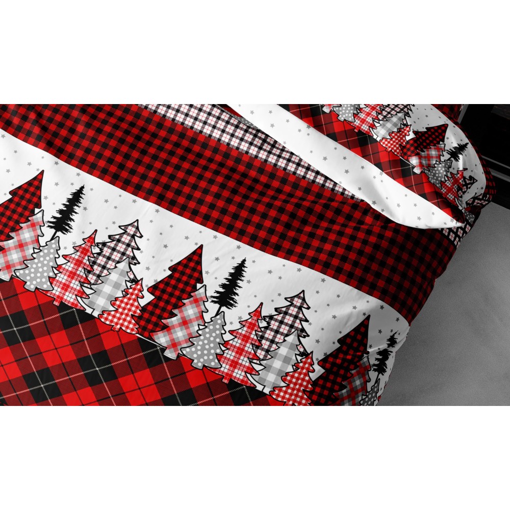 Pure Cotton Duvet Cover with Reindeer Print, Red and Black Scottish Motif, Made in Italy