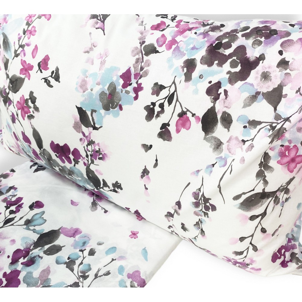 HOUSSE DE COUETTE FLEURIE Peinture Rose en Pur Coton Fabriqué en Italie