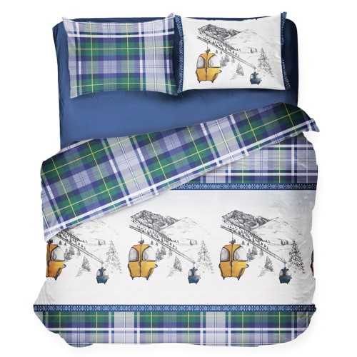 DUVET COVER ALPINE CABLE CAR Blue in Pure Cotton Extra Double Face