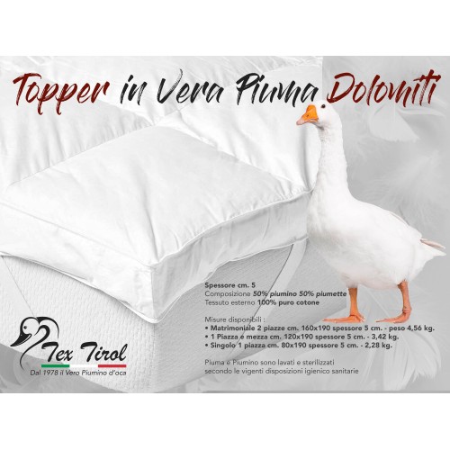 TOPPER pour matelas en duvet d’oie TEX TIROL © DOLOMITI 50% duvet d’oie / 50% plume d’oie