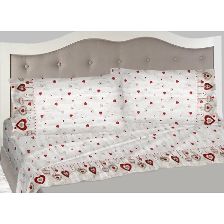 completo letto in flanellla stampato con cuori sul rosso